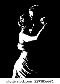 Black and white dancing couple. Line art vector illustration.