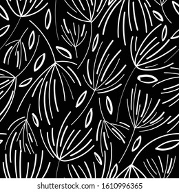 Black with white dandelions seamless pattern background design. Great for home interior, kitchen and outdoor design projects. Surface pattern design.