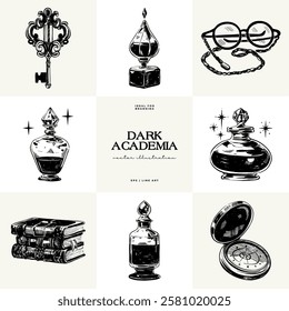 Black and white Dark Academia vector illustrations featuring magical elements: alchemy, glasses, mysticism, and classic aesthetics. 