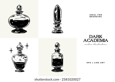 Black and white Dark Academia vector illustrations featuring magical elements: alchemy, glasses, mysticism, and classic aesthetics. 