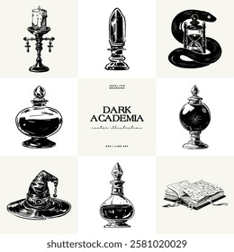 Black and white Dark Academia vector illustrations featuring magical elements: alchemy, glasses, mysticism, and classic aesthetics. 