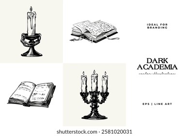 Black and white Dark Academia vector illustrations featuring magical elements: alchemy, glasses, mysticism, and classic aesthetics. 