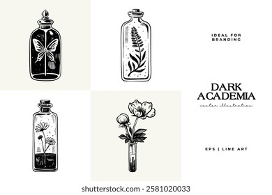 Black and white Dark Academia vector illustrations featuring magical elements: alchemy, glasses, mysticism, and classic aesthetics. 