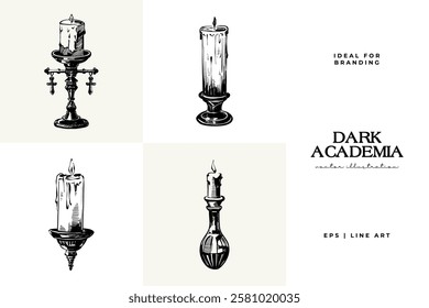 Black and white Dark Academia vector illustrations featuring magical elements: alchemy, glasses, mysticism, and classic aesthetics. 