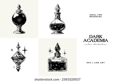 Black and white Dark Academia vector illustrations featuring magical elements: alchemy, glasses, mysticism, and classic aesthetics. 