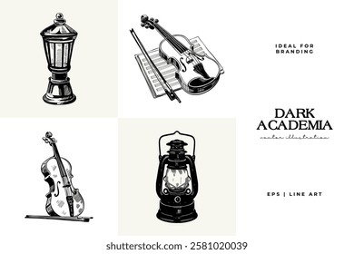 Black and white Dark Academia vector illustrations featuring magical elements: alchemy, glasses, mysticism, and classic aesthetics. 