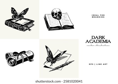 Black and white Dark Academia vector illustrations featuring magical elements: alchemy, glasses, mysticism, and classic aesthetics. 