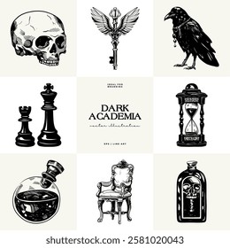 Black and white Dark Academia vector illustrations featuring magical elements: alchemy, glasses, mysticism, and classic aesthetics. 