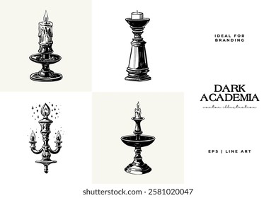 Black and white Dark Academia vector illustrations featuring magical elements: alchemy, glasses, mysticism, and classic aesthetics. 