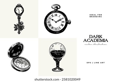 Black and white Dark Academia vector illustrations featuring magical elements: alchemy, glasses, mysticism, and classic aesthetics. 