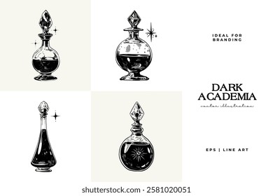 Black and white Dark Academia vector illustrations featuring magical elements: alchemy, glasses, mysticism, and classic aesthetics. 