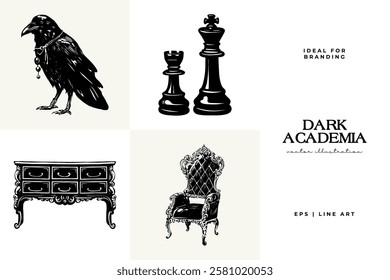 Black and white Dark Academia vector illustrations featuring magical elements: alchemy, glasses, mysticism, and classic aesthetics. 