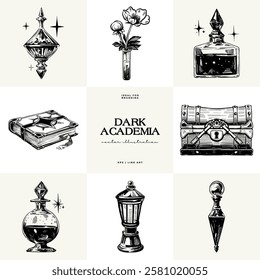 Black and white Dark Academia vector illustrations featuring magical elements: alchemy, glasses, mysticism, and classic aesthetics. 