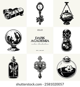 Black and white Dark Academia vector illustrations featuring magical elements: alchemy, glasses, mysticism, and classic aesthetics. 