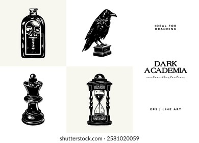 Black and white Dark Academia vector illustrations featuring magical elements: alchemy, glasses, mysticism, and classic aesthetics. 