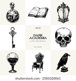 Black and white Dark Academia vector illustrations featuring magical elements: alchemy, glasses, mysticism, and classic aesthetics. 