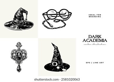 Black and white Dark Academia vector illustrations featuring magical elements: alchemy, glasses, mysticism, and classic aesthetics. 