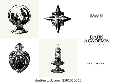 Black and white Dark Academia vector illustrations featuring magical elements: alchemy, glasses, mysticism, and classic aesthetics. 