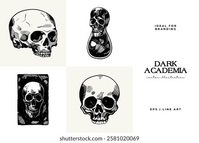 Black and white Dark Academia vector illustrations featuring magical elements: alchemy, glasses, mysticism, and classic aesthetics. 