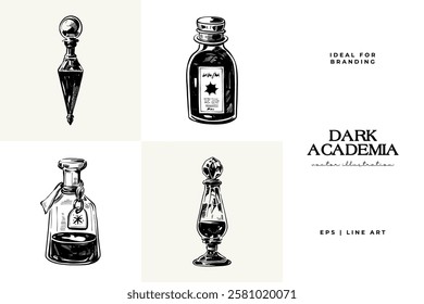 Black and white Dark Academia vector illustrations featuring magical elements: alchemy, glasses, mysticism, and classic aesthetics. 