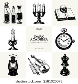 Black and white Dark Academia vector illustrations featuring magical elements: alchemy, glasses, mysticism, and classic aesthetics. 