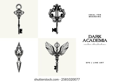 Black and white Dark Academia vector illustrations featuring magical elements: alchemy, glasses, mysticism, and classic aesthetics. 