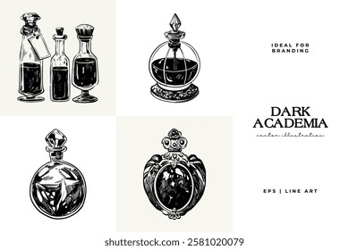 Black and white Dark Academia vector illustrations featuring magical elements: alchemy, glasses, mysticism, and classic aesthetics. 