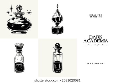 Black and white Dark Academia vector illustrations featuring magical elements: alchemy, glasses, mysticism, and classic aesthetics. 