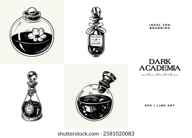 Black and white Dark Academia vector illustrations featuring magical elements: alchemy, glasses, mysticism, and classic aesthetics. 