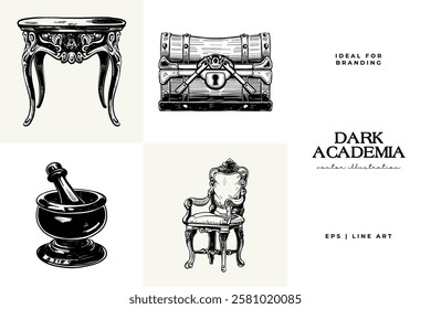 Black and white Dark Academia vector illustrations featuring magical elements: alchemy, glasses, mysticism, and classic aesthetics. 