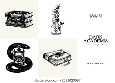 Black and white Dark Academia vector illustrations featuring magical elements: alchemy, glasses, mysticism, and classic aesthetics. 