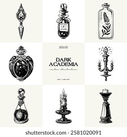 Black and white Dark Academia vector illustrations featuring magical elements: alchemy, glasses, mysticism, and classic aesthetics. 