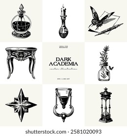 Black and white Dark Academia vector illustrations featuring magical elements: alchemy, glasses, mysticism, and classic aesthetics. 