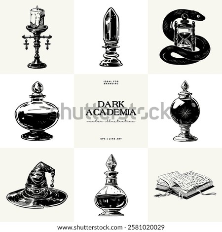 Black and white Dark Academia vector illustrations featuring magical elements: alchemy, glasses, mysticism, and classic aesthetics. 