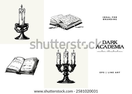 Black and white Dark Academia vector illustrations featuring magical elements: alchemy, glasses, mysticism, and classic aesthetics. 