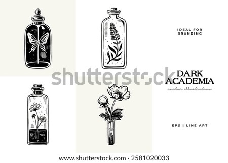 Black and white Dark Academia vector illustrations featuring magical elements: alchemy, glasses, mysticism, and classic aesthetics. 