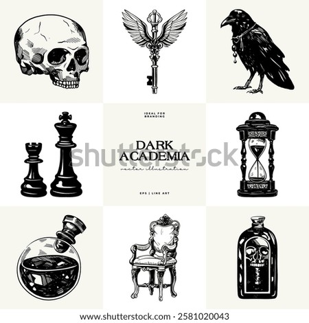Black and white Dark Academia vector illustrations featuring magical elements: alchemy, glasses, mysticism, and classic aesthetics. 
