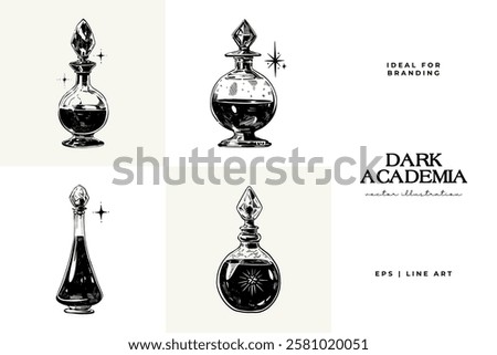 Black and white Dark Academia vector illustrations featuring magical elements: alchemy, glasses, mysticism, and classic aesthetics. 