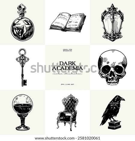 Black and white Dark Academia vector illustrations featuring magical elements: alchemy, glasses, mysticism, and classic aesthetics. 