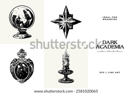 Black and white Dark Academia vector illustrations featuring magical elements: alchemy, glasses, mysticism, and classic aesthetics. 