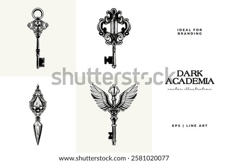 Black and white Dark Academia vector illustrations featuring magical elements: alchemy, glasses, mysticism, and classic aesthetics. 