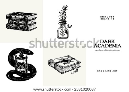 Black and white Dark Academia vector illustrations featuring magical elements: alchemy, glasses, mysticism, and classic aesthetics. 