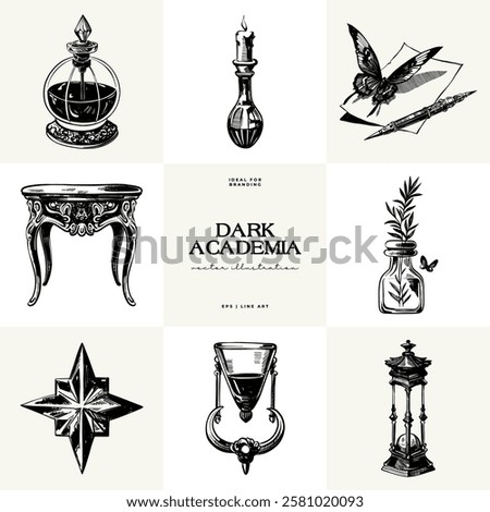 Black and white Dark Academia vector illustrations featuring magical elements: alchemy, glasses, mysticism, and classic aesthetics. 