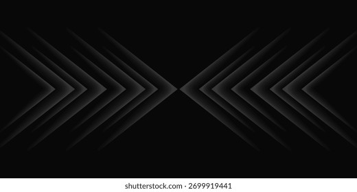 Black white dark gray abstract background. Arrow. Geometric shape, symmetry. Line stripe angle 3d. Color gradient. Modern futuristic technology tech. Wide banner