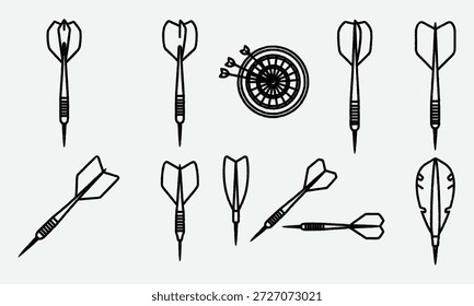 Flechas de dardos en blanco y negro e ilustraciones de tablero de destino