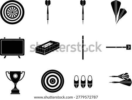 Black and white dart game icon set featuring dartboards darts trophy and sports gear