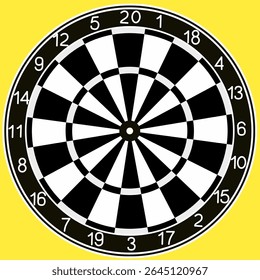 Black and white dartboard vector with numbered segments and circular rings on yellow background. Ideal for game icons, sport infographics, target goals, or pub-themed graphics.