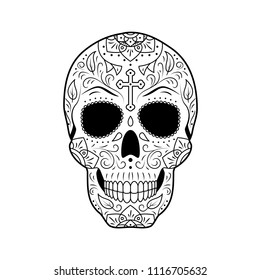 Black and white Day of The Dead Sugar Skull with detailed floral ornament. Mexican symbol calavera. Hand drawn line vector illustration. Tattoo sketch with cross, pattern, flowers and leaves.