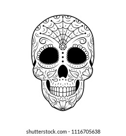 Black and white Day of The Dead Sugar Skull with detailed floral ornament. Mexican symbol calavera. Hand drawn line vector illustration. Woman tattoo sketch with spiderweb, pattern, flowers and leaves