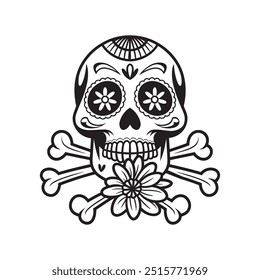 Black and White Day of the Dead Sugar Skull Vector with Floral Design, Traditional Mexican Skull Design for T-Shirt Print